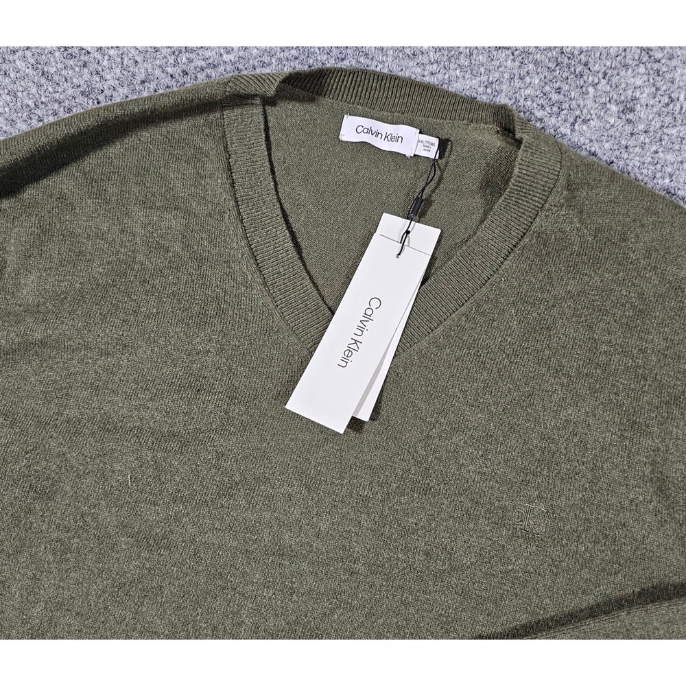 Calvin Klein Merino Wool V-Neck‎ Sweater Soft Knit Pullover Jolly Green 2XL